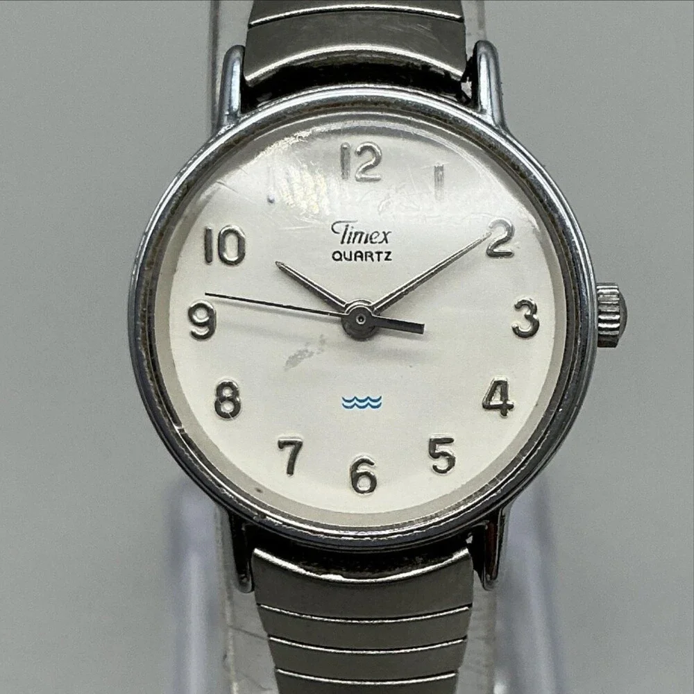 Timex Womens Watch 23mm White Dial Silver Tone Stretch Bracelet New Battery